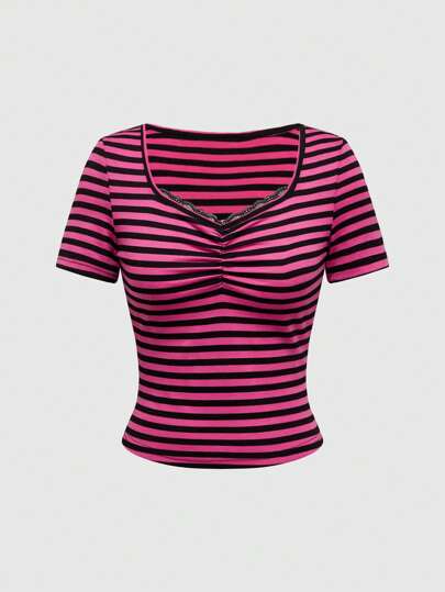 Grunge Punk Women's Summer Contrast Lace Stripe Short Sleeve Casual T-Shirt