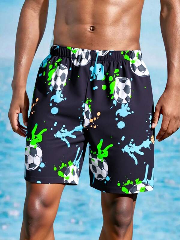 Short de baño casual y holgado para adolescentes niños con estampado de graffiti y salpicaduras de fútbol, adecuado para playa en verano