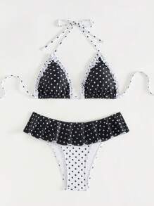 Swim Mod 2 件女士夏季海滩度假泳装，随机黑白波尔卡圆点吊带露背系带比基尼套装和荷叶边泳裤 - 黑與白 - 查看 7