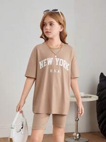 SHEIN 2 件套青少年女孩休闲字母印花宽松短袖 T 恤和骑行短裤套装 - 卡其色 - 查看 12