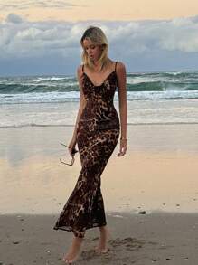 DAZY 豹纹性感露背侧系带露背深V领吊带长款沙滩连衣裙，猎豹纹连衣裙度假邮轮装扮 - 棕色 - 查看 4