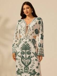 CAJUNI Women's Bohemian Vintage Tropical Green Plant Print Hollow-Out Waist & Back Long Sleeve Dress, Casual & Holiday Style