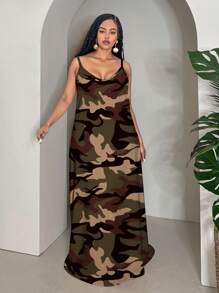 Veslaya 大码休闲简约迷彩印花绿色连衣裙，适合夏季 - 彩色 - 查看 4