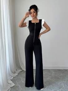 INAWLY Women's Elegant Floral Lace Contrast Color Zip Front Black Jumpsuit - Black - View 1
