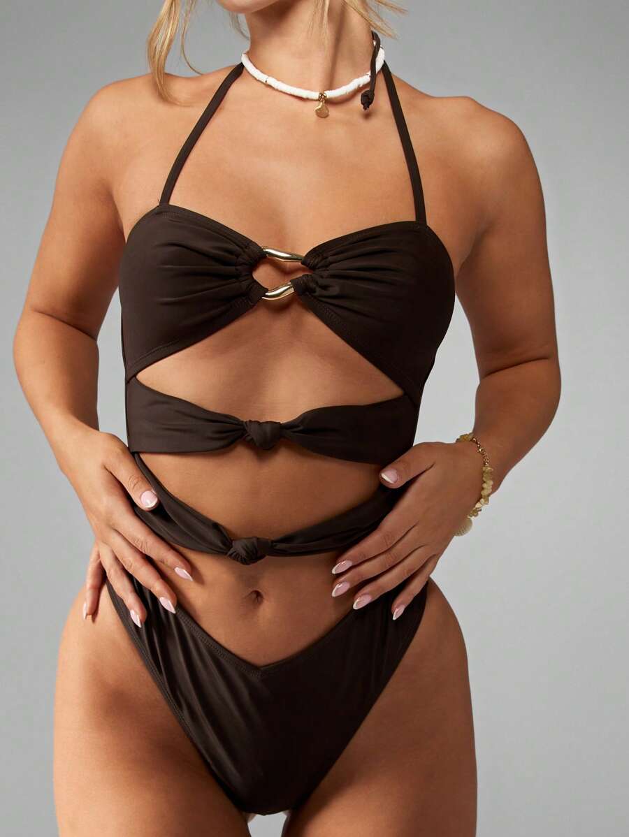 MISSGUIDED Summer Beach Monokini One Piece Swimsuit Cut Out Halter Neck High Rise Design Metal Ring Detail Ruched Coverage Elegant Bathing Suit - Coffee Brown - View 1