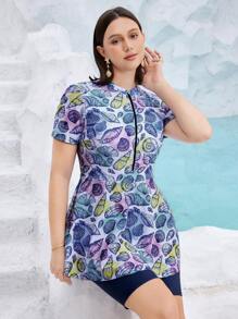 Swim Mulvari Plus Size Women 2pcs Modest Floral Print Short Sleeve & Shorts Burkini Set, Suitable For Beach, Pool, Swimming, Holiday For Summer Beach Vacation