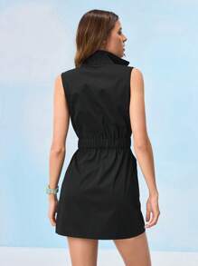 In My Nature 女式纯色前拉链无袖户外徒步连衣裙 - 黑色 - 查看 3