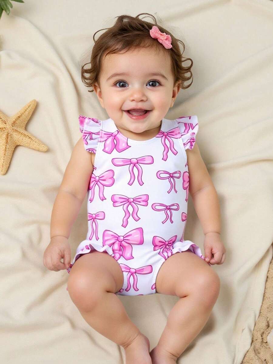 Baby Girl Butterfly Print Ruffle One-Piece Swimsuit With Flutter Sleeves Baby Girl Summer Clothes Baby Girls Bodysuits Baby Clothing Summer Baby Summer Clothes Girl Baby Girl Summer Baby Girls Bodysuits Baby Girls Clothing Summer - Pink - View 1