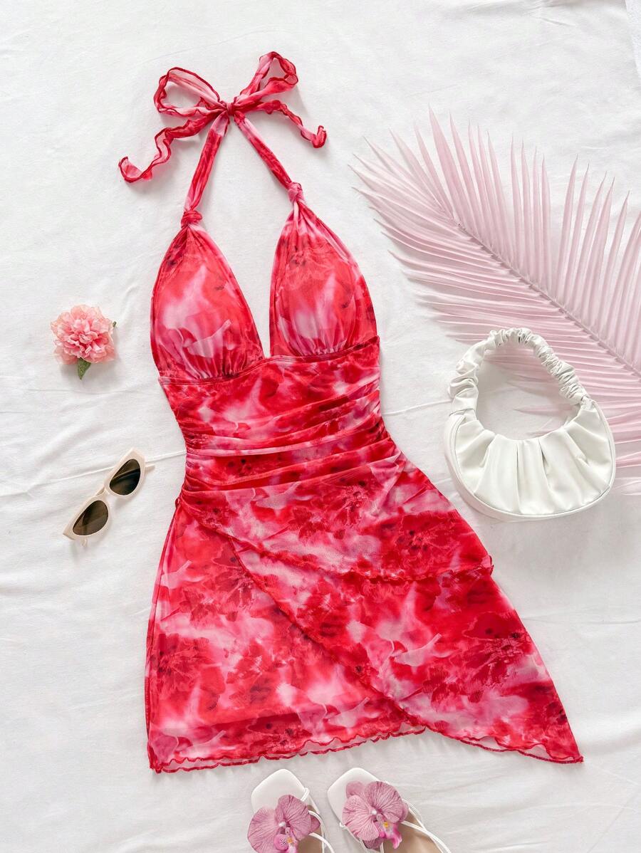 Soleia Summer Women's Tie-Dye Floral Print Backless Halter Neck Bowknot Waist Asymmetrical Hem Mini Dress, Perfect For Vacation - Multicolor - View 1