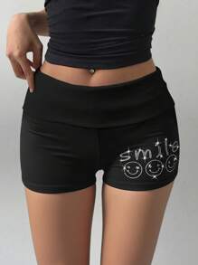Shorts de motociclista plus size feminino com estampa de letras e strass e ajuste slim - Preto - Ver 3