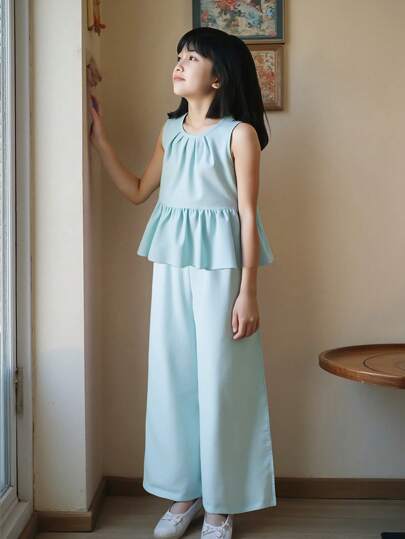 女孩休闲简约圆领无袖宽松纯色衬衫和松紧腰阔腿宽松纯色裤子夏季服装套装