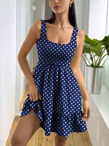 SHEIN Unity 女式圆点印花荷叶边下摆圆领无袖迷你连衣裙 - 藍白色 - 查看 3