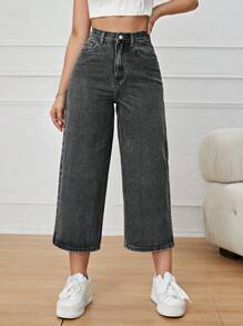 SHEIN PETITE Quần jeans nữ dáng lửng 7/8 màu đen, đa năng, có túi, kiểu dáng thường ngày. - màu đen - Xem 7