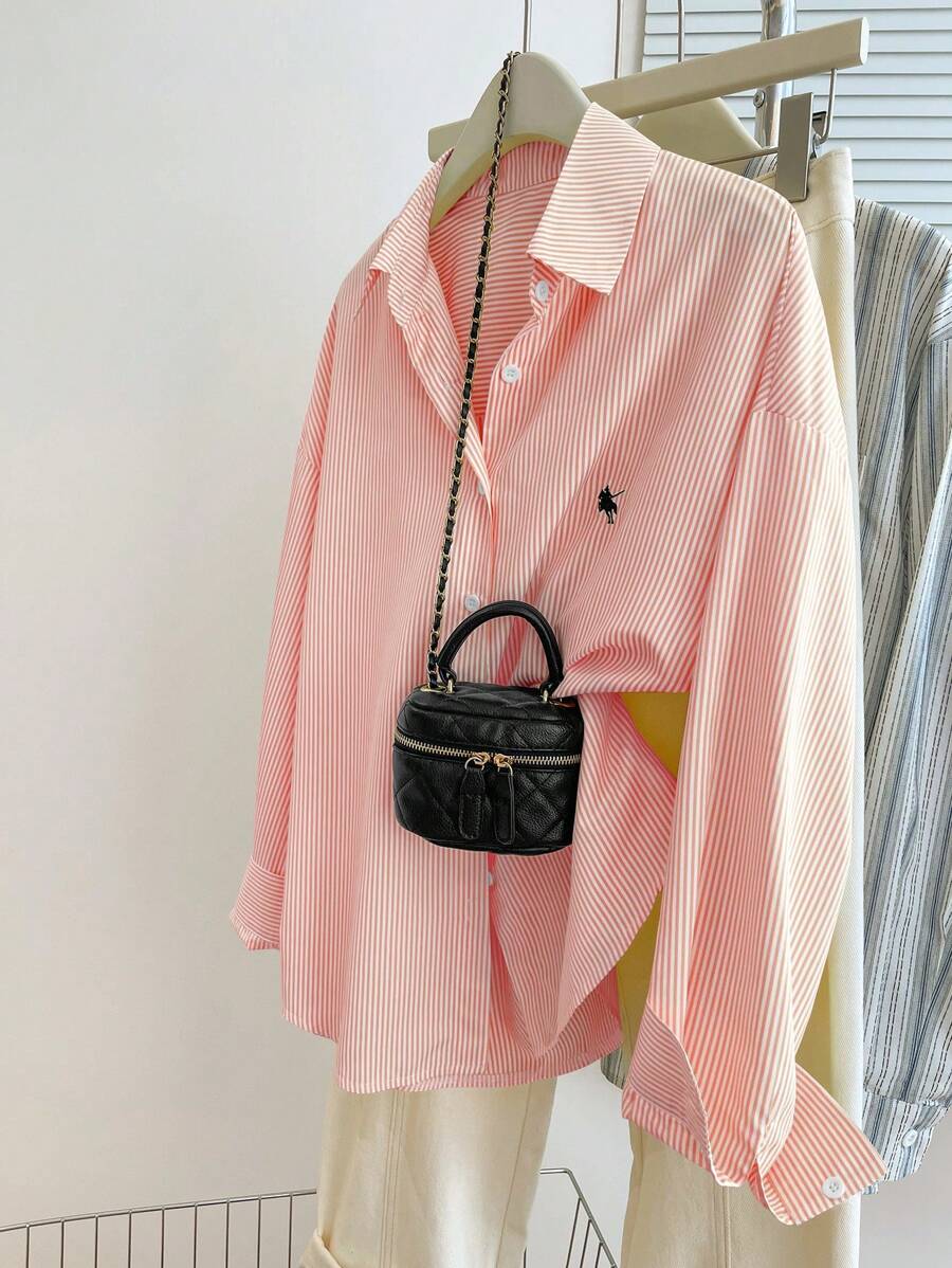 INAWLY 女式条纹长袖单排扣休闲衬衫