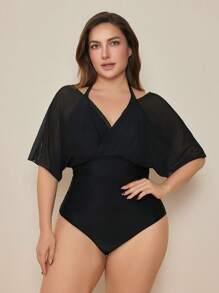 Swim Basics Summer Plus Size Blue & White Porcelain Print One Piece Swimsuit - Black - View 3