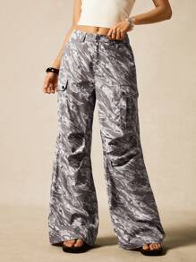 Easelle Pantalones rectos holgados con bolsillos de cargo y pliegues, pantalones de moda de camuflaje para mujer - Multicolor - Ver 6