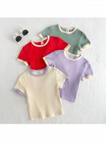 Loomiva Conjunto de 4 piezas de tops de punto con cuello redondo y manga corta unicolor para niña bebé - Multicolor - Ver 1