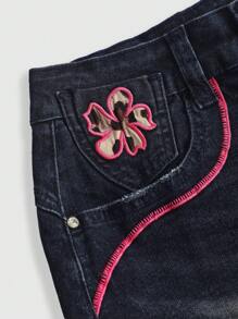 ROMWE Fairycore Y2K Diva Tight Fit Butterfly Embroidery Sexy Distressed Washed Low Waist Denim Shorts - Blue - View 6