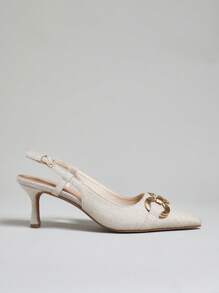 SHUZIA 女士舒适尖头小猫跟装饰露跟亚麻鞋 - 米色 - 查看 7