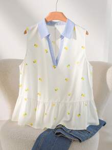 CosyJoli 大码休闲条纹拼布柠檬刺绣不对称V领衬衫