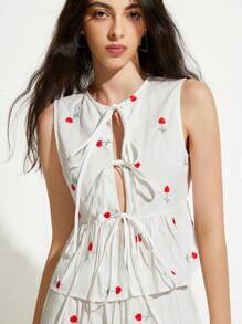 Aveloria GENKIRA Top com Bordado e Atacador + Calças Soltas de Cintura Elástica, Conjunto de 2 Peças, Estilo Doce, Roupa Leve de Verão para Mulher - Branco - Ver 1