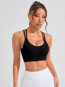 SHEIN Sports 纯色镂空工字背无缝运动瑜伽文胸女款运动文胸女款健身服女款运动文胸女款健身服女款健身装备女款 - 黑色 - 查看 6