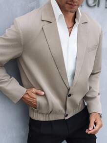 Manfinity Mode 男士宽松纯色休闲西装外套 春季休闲时尚 - 卡其色 - 查看 7