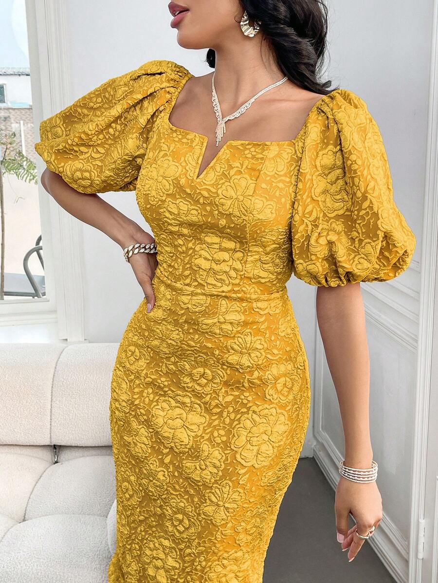 Modelyn Women's Floral Jacquard Fringe Hem Bubble Sleeve Dress Long Evening Dresses - Yellow - View 1