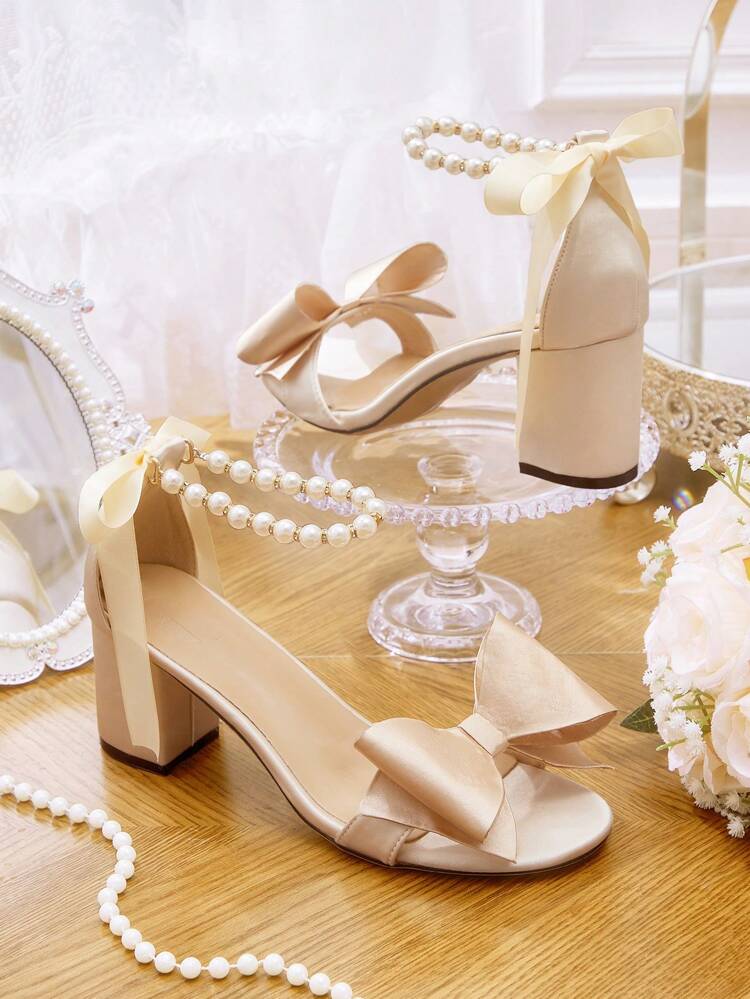 CUCCOO HITCHD Sandalias de tacón alto con lazo de perlas para mujer, estilo romántico y elegante, de tacón grueso y medio, ideal para eventos de boda, fiestas y citas, color albaricoque