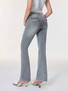 Selenza Women's Y2k High Waist Geo Embroidered Studded Detail Flare Leg Elegant Jeans With 4 Pocket ,Butt Lifting Jeans Women - Light Grey - View 2