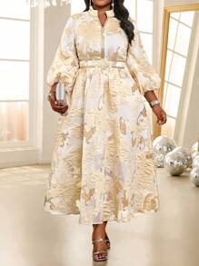 Fleurora Ladies' Floral Jacquard Long Lantern Sleeve Modest Dress Elegant Party Wedding Guests Four Seasons Old Money FestivalPlus Size Dresses Cruise Outfits Women