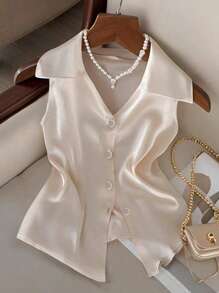 GlowEve CURVE Plus Size Women's Elegant Lapel Sleeveless Button-Up Blouse - Beige - View 1