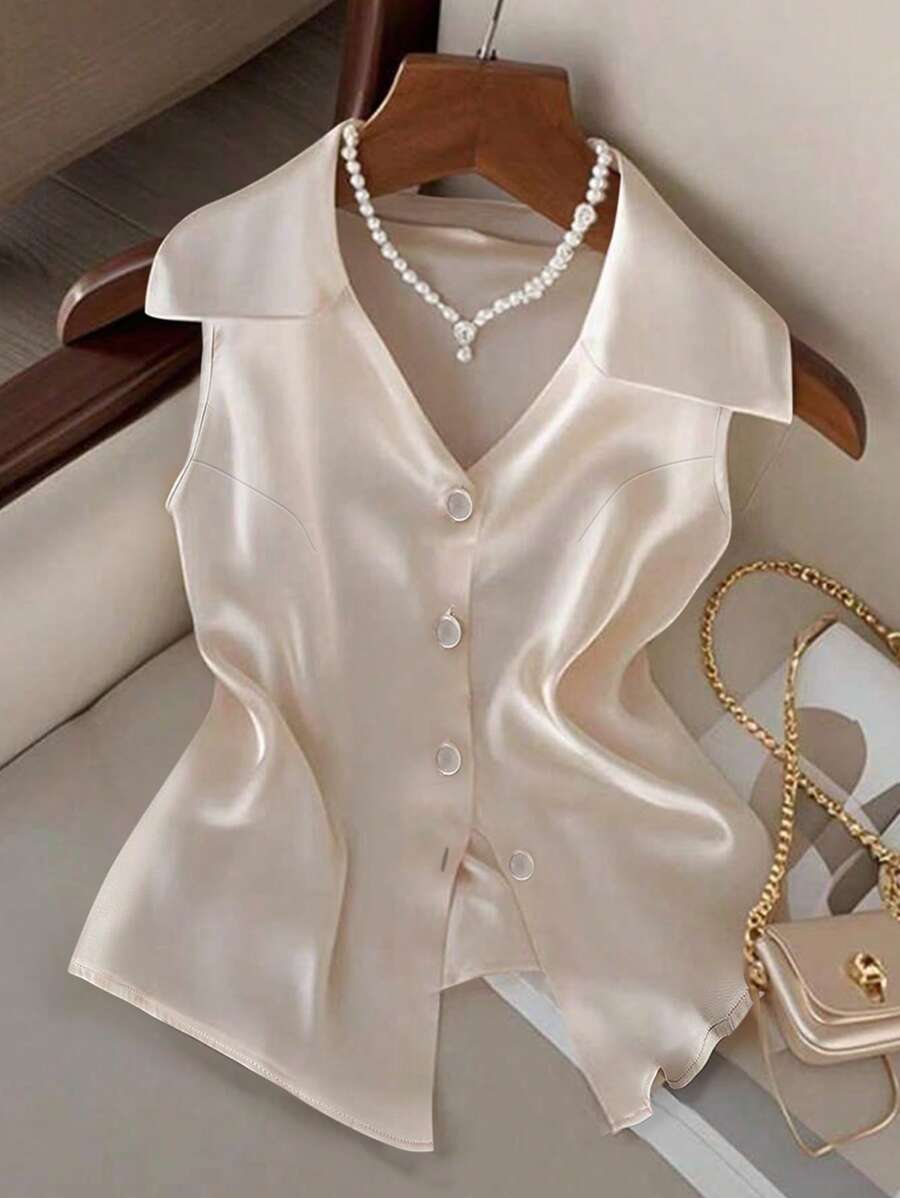GlowEve CURVE Plus Size Women's Elegant Lapel Sleeveless Button-Up Blouse - Beige - View 1