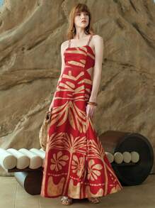 Arave Váy vải lanh thanh lịch, eo thắt eo, cổ vuông, phong cách ngày lễ thời trang và tinh tế - Đỏ - Xem 6