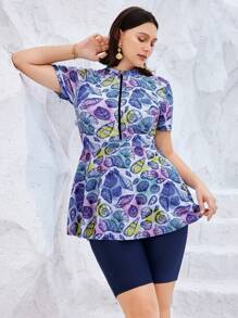 Swim Mulvari Plus Size Women 2pcs Modest Floral Print Short Sleeve & Shorts Burkini Set, Suitable For Beach, Pool, Swimming, Holiday For Summer Beach Vacation