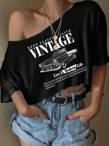 SHEIN EZwear 女士休闲复古汽车图案不对称领口短袖超大T恤，适合夏季 - 黑色 - 查看 4