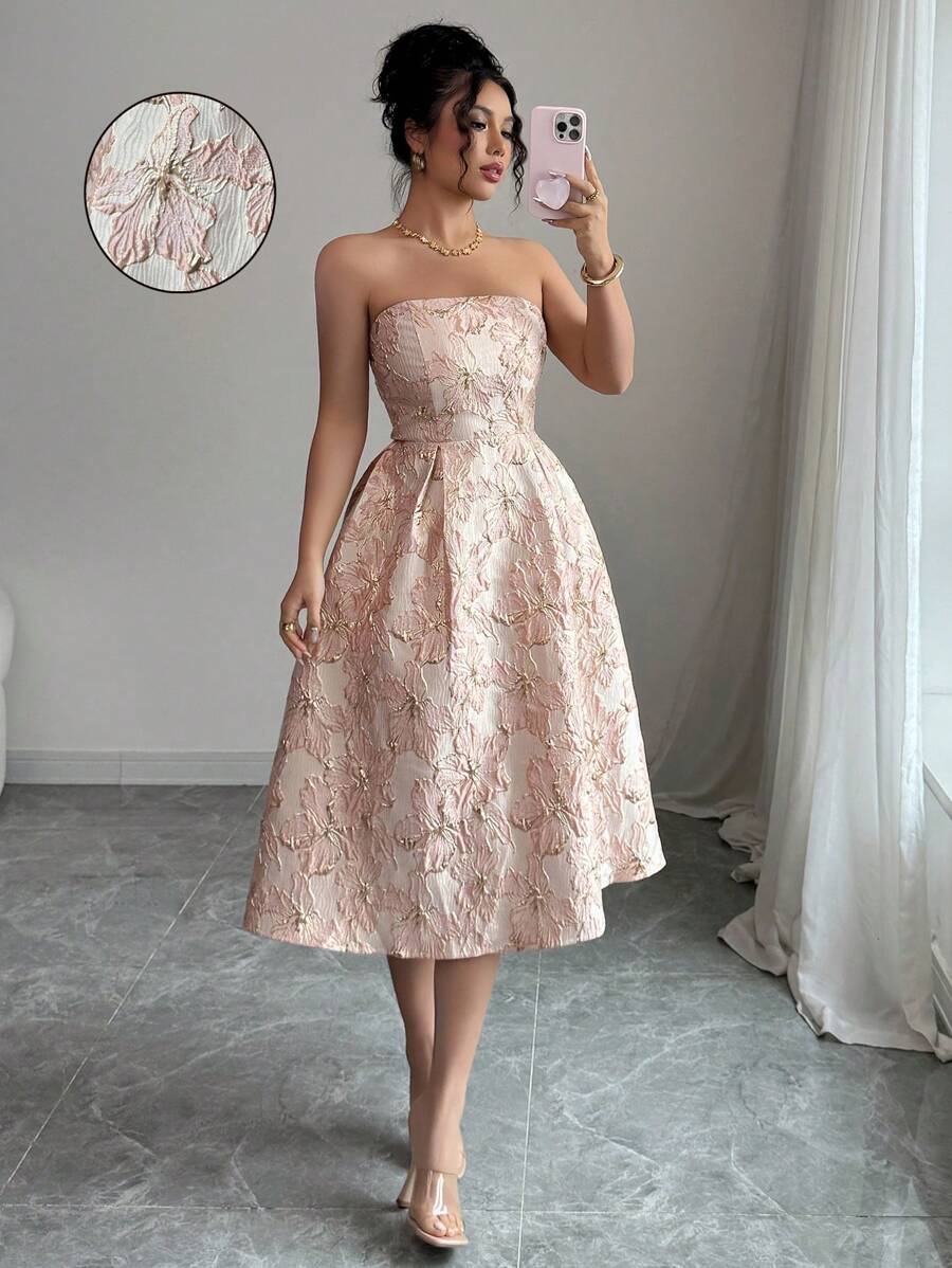 Selianne Women's Elegant Bandeau Midi Dress, Suitable For Going Out & Parties - Pink - View 1