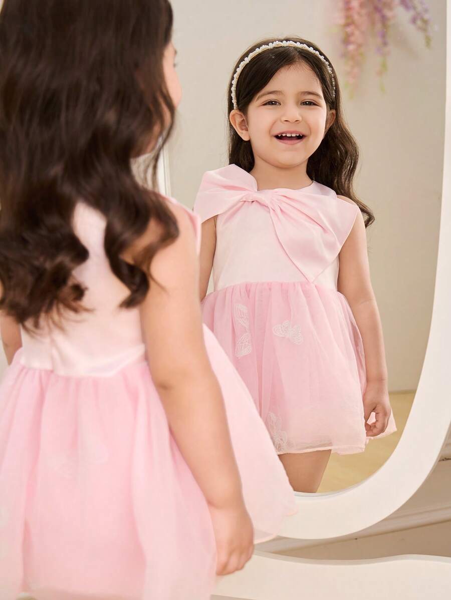 SHEIN Glamorique Kids 女婴无袖连衣裙,蝴蝶装饰和多层网眼设计,春夏季 - 淺粉色 - 查看 1