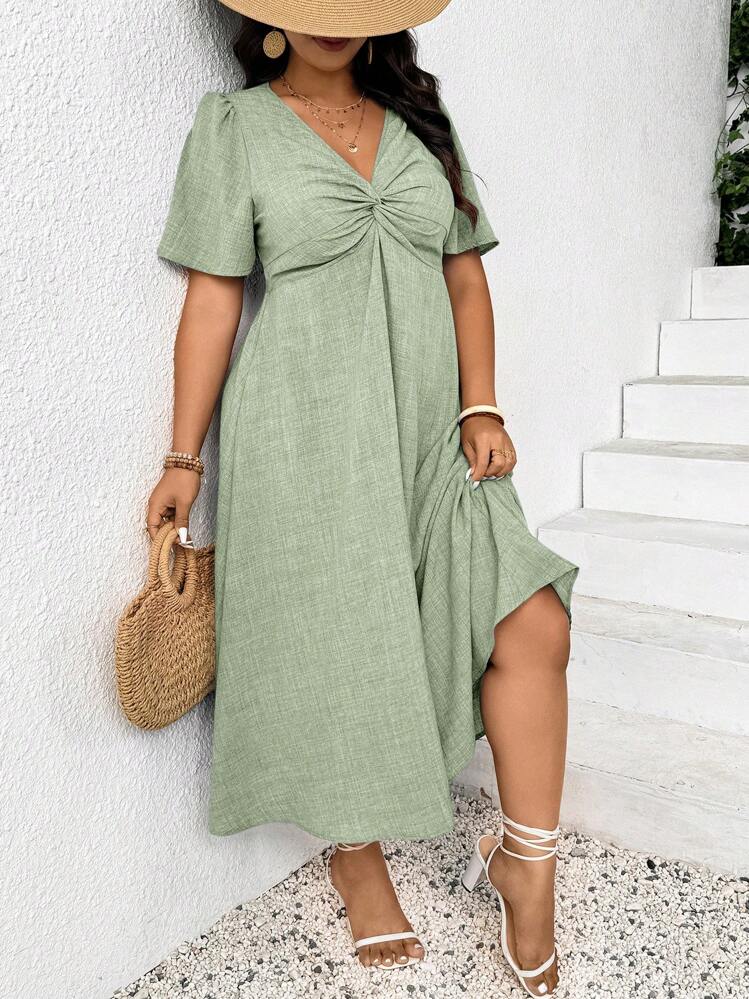 SHEIN Frenchy Plus Size Women Summer Solid Color Twist Ruffle Short Sleeve Elegant Dress,Sun Dresses For Women,Sundress - Mint Green - View 5
