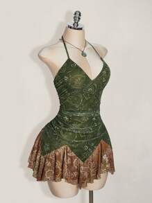 SHEIN ICON 加大码 Y2K 春季海滩波西米亚风绿色时尚度假性感女式简约时尚露背拼色印花夏季西式女装连衣裙，内搭短裤 - 墨綠色 - 查看 3