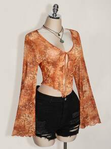 SHEIN ICON ICON Plus Size Women's Paisley Print Tie-Front Knit Top, Suitable For Summer, Music Festivals, Y2K, Graduation Season, Back To School Clothes, Summer Vacation - Multicolor - View 4