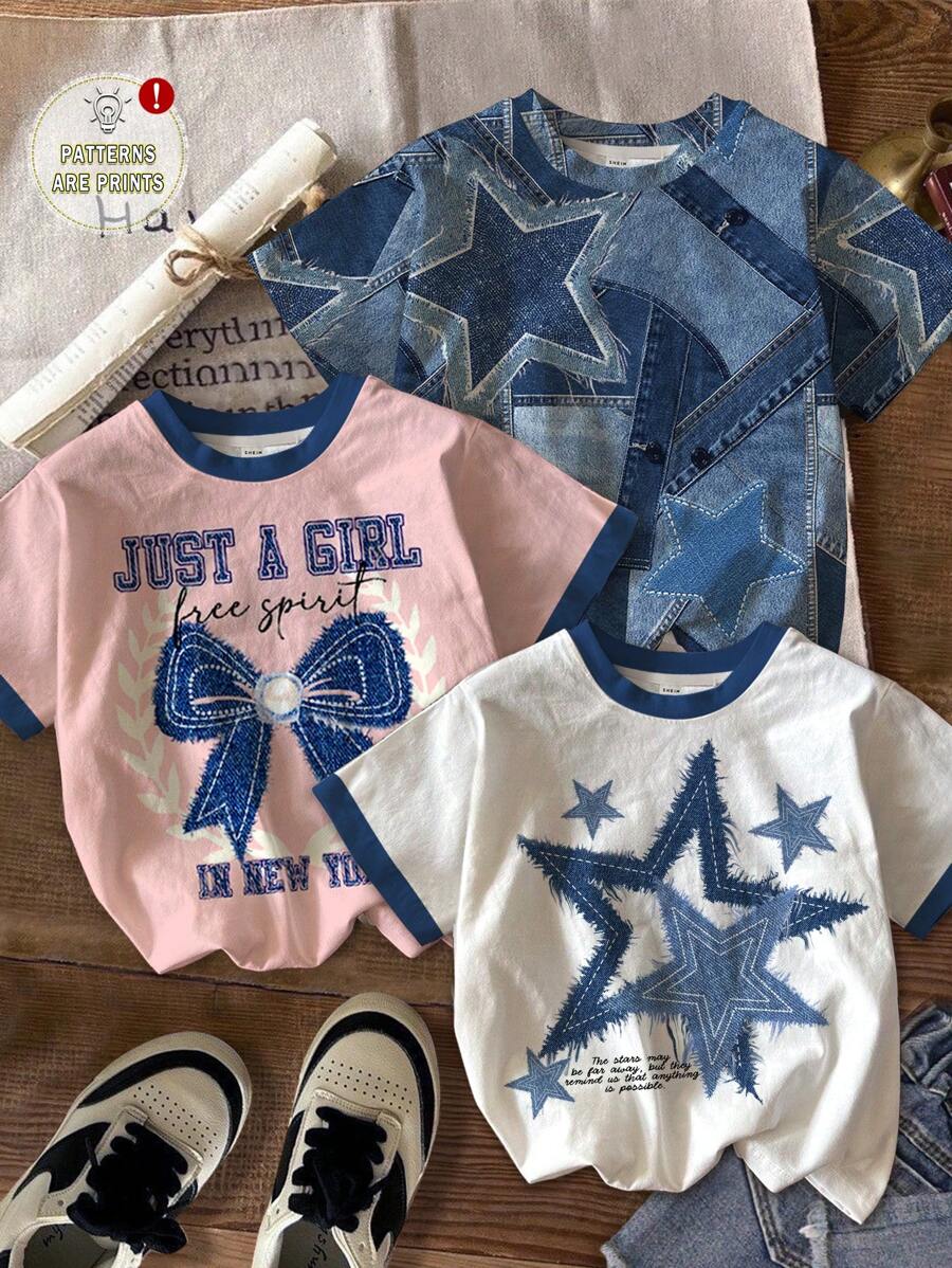 SHEIN Leap Crew 青少年女孩 3 件套，休闲简约设计，星星蝴蝶结印花图案短袖圆领 T 恤，夏季休闲时尚个性上衣，儿童日常穿着 - 彩色 - 查看 1