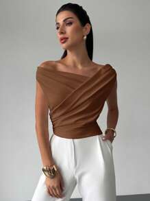 Firerie Women's Elegant Minimalist Chic Fashion Sexy Daily Commute Music Festival Holiday One Shoulder Asymmetrical Draped White Cropped Top, Spring/Summer - Coffee Brown - View 3