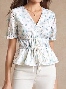 Amorya V-Neck Three-Dimensional Embroidered Printed Waist Cinching Strap With Bowknot Women's Blouse - Multicolor - View 6