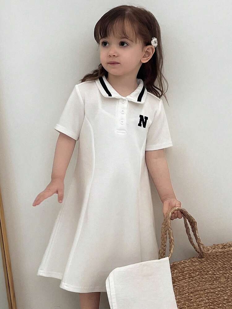 Toddler Girls' Loose Casual Polo Collar Solid Color Short Sleeve Mid-Length Dress, Summer