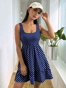 SHEIN Unity 女式圆点印花荷叶边下摆圆领无袖迷你连衣裙 - 藍白色 - 查看 6