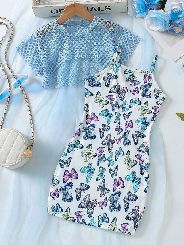2-teiliges Set für Kleine Mädchen: Kurzes Netz-Top + Kleid mit Schmetterlingsprint, elegant, modisch, schön, geeignet für Outdoor-Sport, Frühling/Sommer