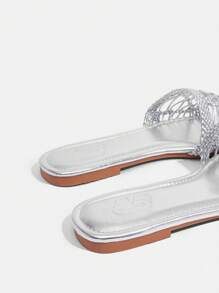 CUCCOO TILAWA Women's Fashion Square Toe Casual Woven Mesh Open Toe Slide Sandals, Comfortable Flat Outdoor Lady Slippers - Silver - View 11