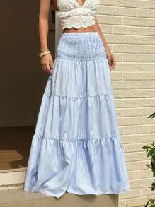 Sunnyshic 高腰条纹层叠A字裙，适合日常穿着和度假 - 藍色 - 查看 5