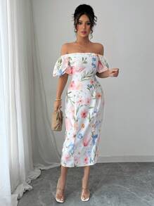 Selianne Women's Elegant Floral Allover Print Off Shoulder Summer Dress - Apricot - View 5